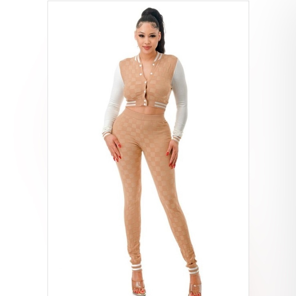 Khaki Two Piece Knit Varsity Stye Jacket Top High Waisted Knit Leggings Joggers